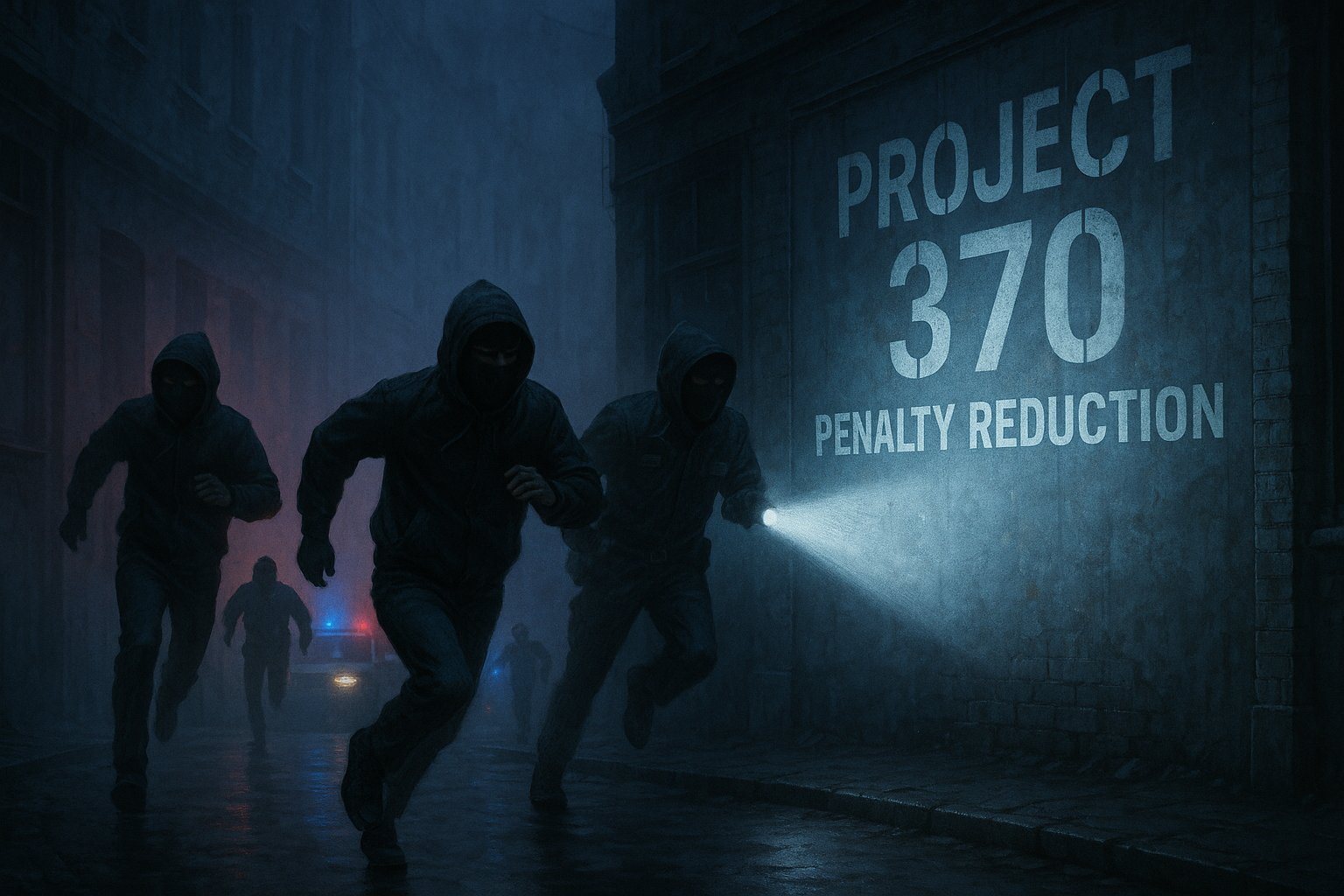 Ein starkes Symbol für die Verteidigung gegen Steuerhinterziehung – das 'PROJECT 370' Lichtprojektor hebt die Bedeutung der Strafmilderung hervor, während die Figuren vor den Fahndern fliehen.“"A powerful symbol for tax fraud defense – the 'PROJECT 370' spotlight highlights the importance of penalty reduction as the figures flee from the pursuers.