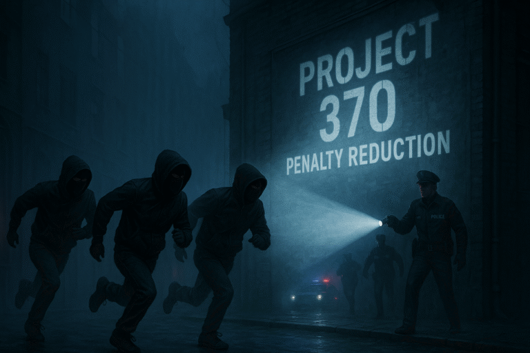 Deutsch: Zwei maskierte Figuren fliehen vor der Polizei durch eine neblige Gasse, während der Schriftzug PROJECT 370 und SELF-DISCLOSURE auf eine Wand projiziert wird. Englisch: Two hooded figures flee from the police through a foggy alley, with the words PROJECT 370 and SELF-DISCLOSURE projected onto a wall.