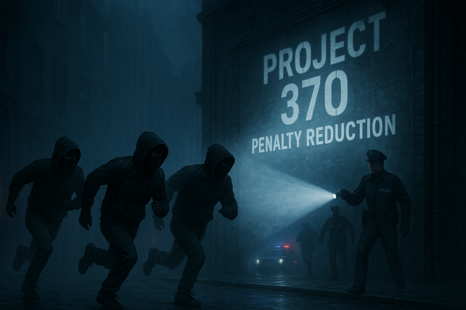 Deutsch:Zwei maskierte Figuren fliehen vor der Polizei durch eine neblige Gasse, während der Schriftzug PROJECT 370 und SELF-DISCLOSURE auf eine Wand projiziert wird. Englisch: Two hooded figures flee from the police through a foggy alley, with the words PROJECT 370 and SELF-DISCLOSURE projected onto a wall.