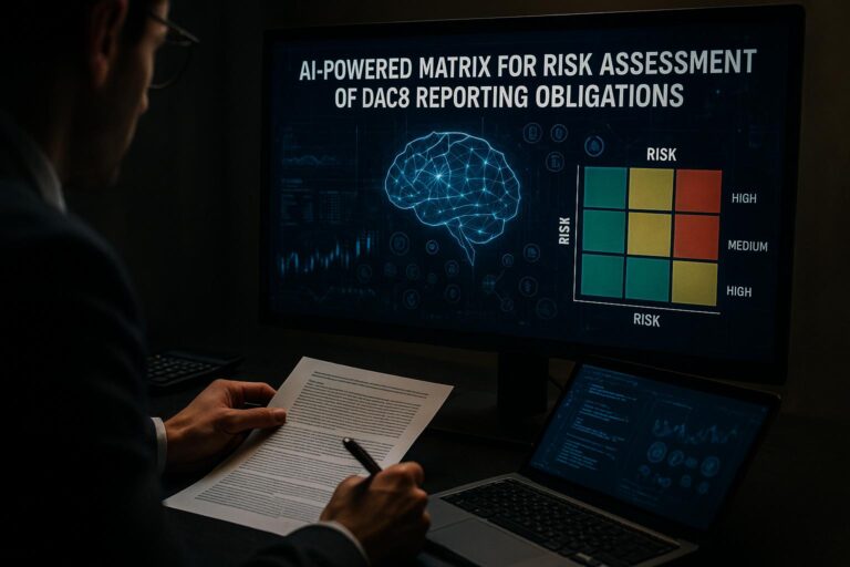Deutsch: „Eine KI-gestützte Matrix zur Risikoprüfung der DAC8-Meldepflichten auf einem Bildschirm. Ein Analyst überprüft die Daten auf einem Papierdokument, während das Computer-Dashboard eine Risikobewertung für die Compliance im Zusammenhang mit Steuerhinterziehung und Geldwäsche zeigt.“ Englisch: „An AI-powered matrix for risk assessment of DAC8 reporting obligations displayed on a screen. An analyst reviews data on a paper document, while the computer dashboard shows a risk evaluation for compliance related to tax evasion and money laundering."